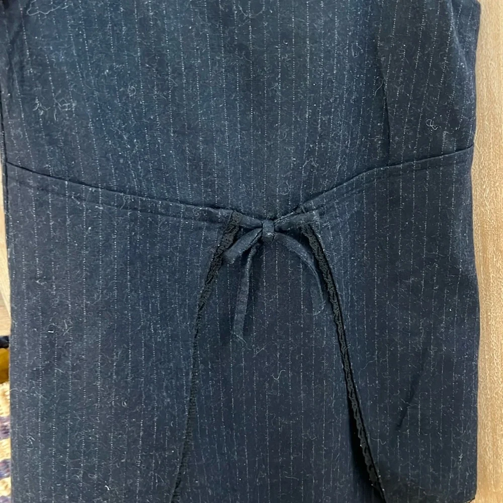 NWOT Zara Dark Navy pinstripe Pinafore strap Wool Dress Black lacy hem size 8